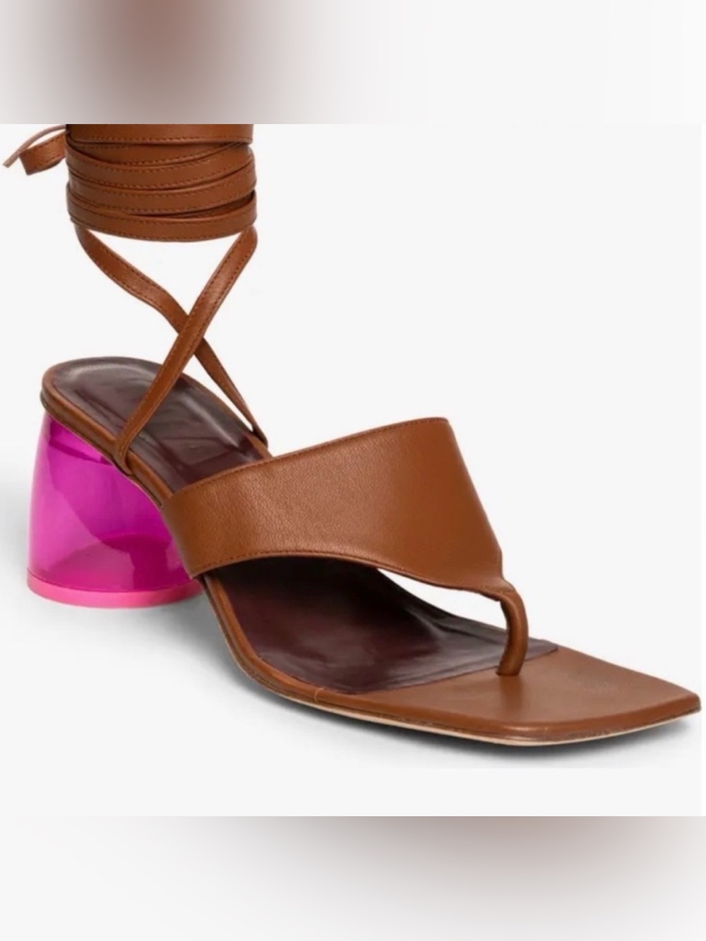 STAUD Adora Lace Up Thong Sandal with Pink Lucite Block Heel